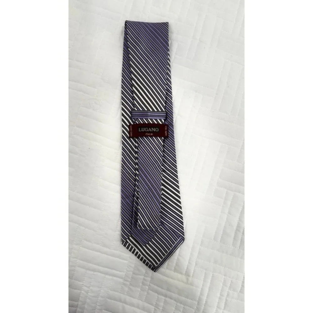 Lugano Italia Mens Silk Necktie Purple Black White Diagonal‎ Striped Hand Made